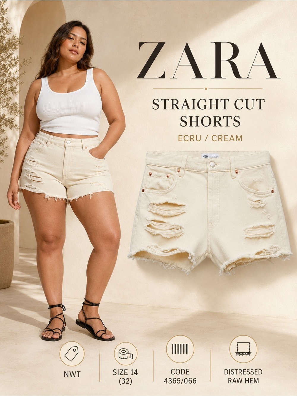 ZARA Ecru Straight Cut Distressed Denim Shorts NWT Size 14 / 32
